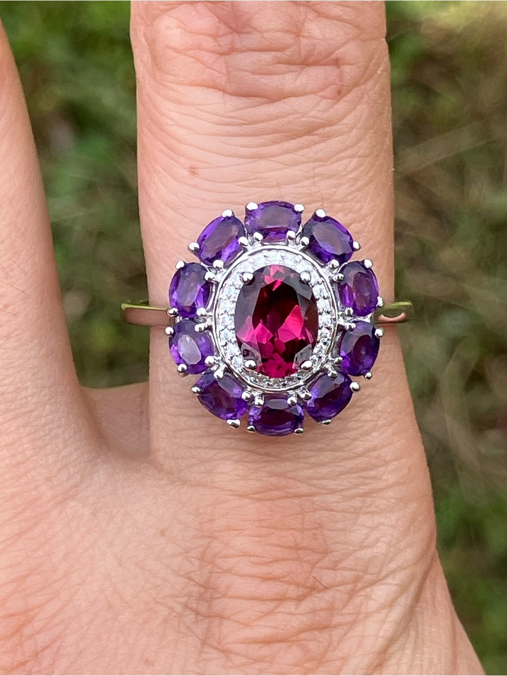 Rhodolite Garnet Amethyst Halo Ring Size 10
